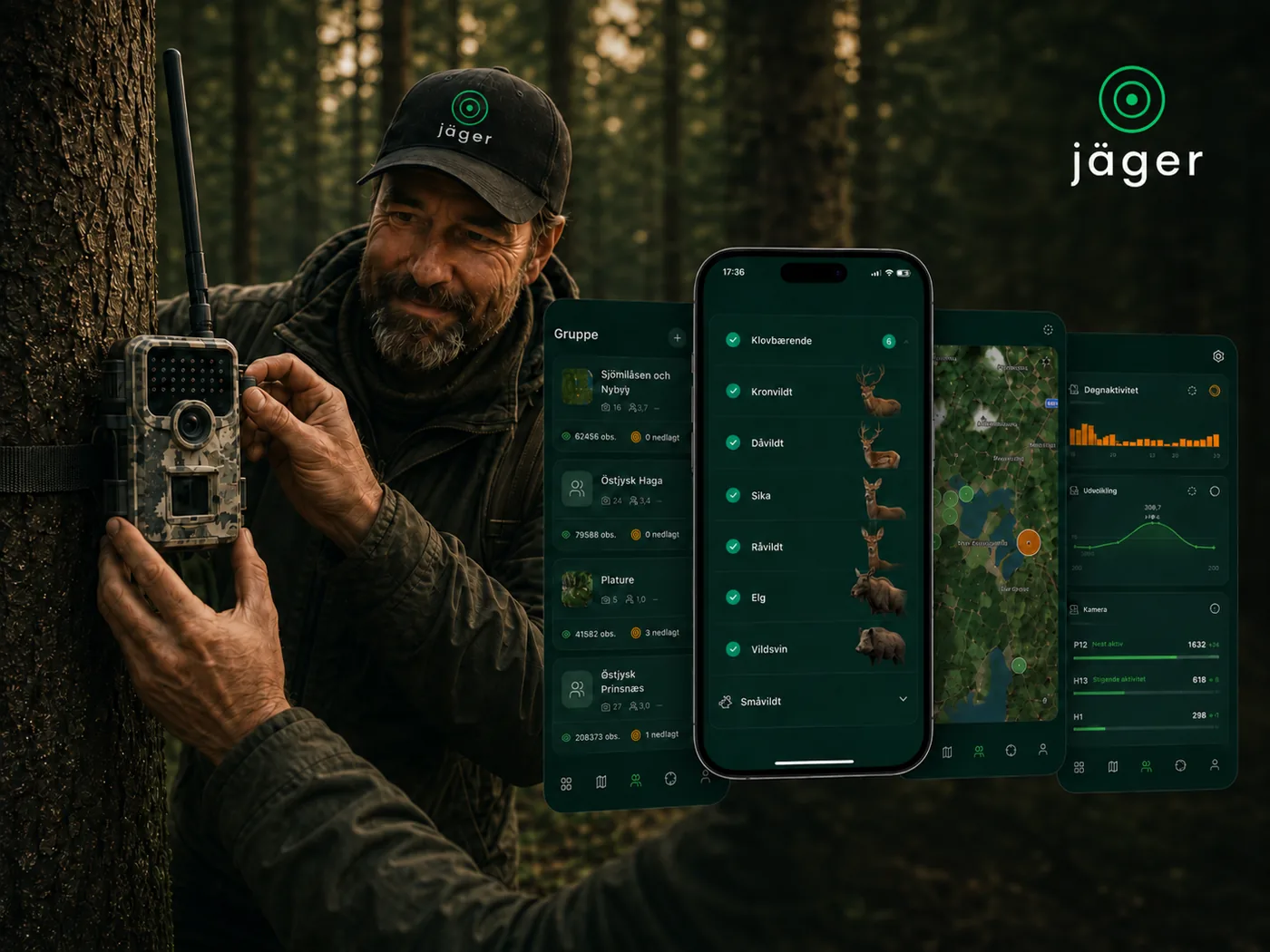Jäger app — AI-detektering, artsfilter og live galleri på vildtkamera