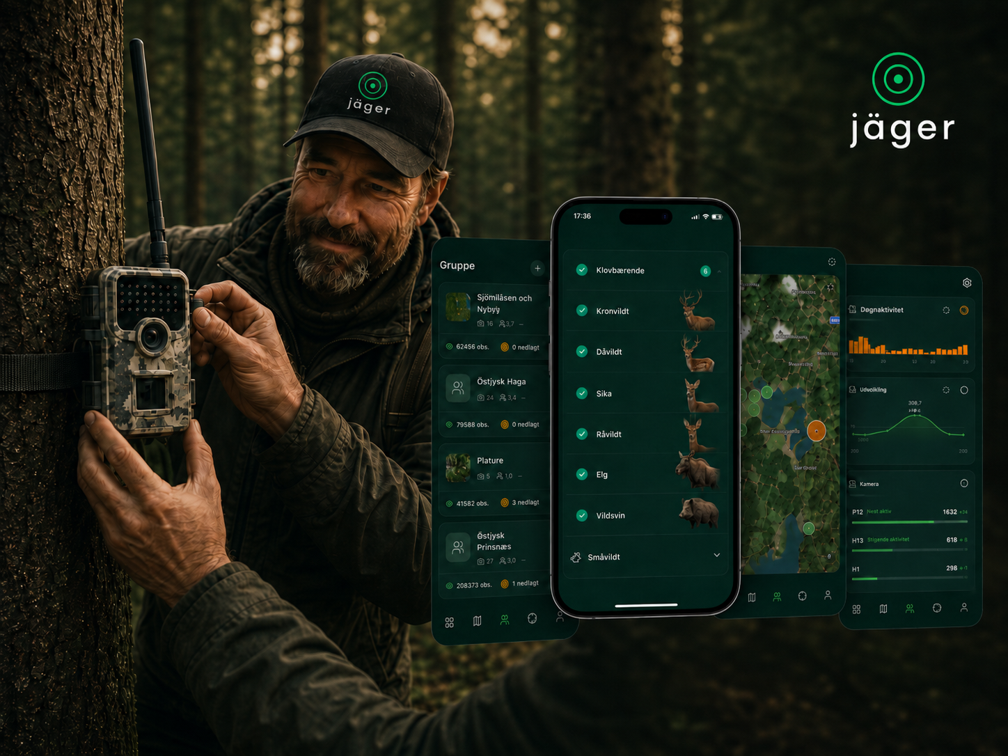 Jäger app — AI-detektering, artsfilter og live galleri på vildtkamera